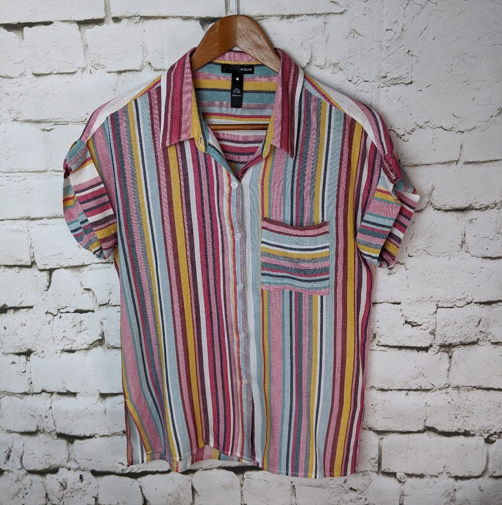 Aqua Multi Colored Striped Button Down - Picture 10 of 12